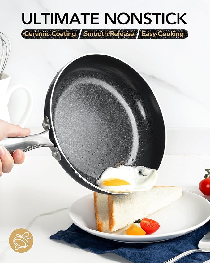 MICHELANGELO Small Frying Pan - 8 Inch Frying Pan Nonstick with Lid, Non-Toxic Ceramic Pans with Stainless Steel Handle, Nonstick Skillet, Black
