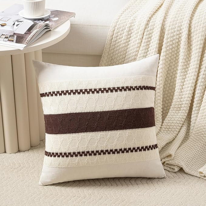 Fancy Homi Set of 2 Boho Brown Decorative Throw Pillow Cover 16x16 Inch for Couch Bed Sofa, Aesthetic Modern Organic Farmhouse Home Decor, Soft Cotton Cute Accent Macrame Woven Cushion Case