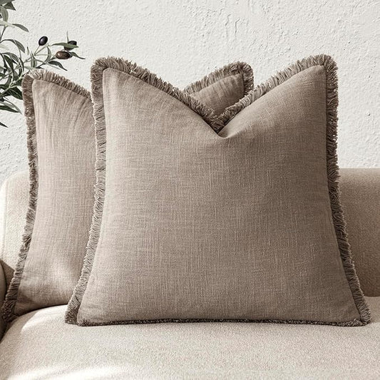 Foindtower Set of 2 Decorative Linen Fringe Throw Pillow Covers Boho Farmhouse Cushion Cover with Tassels Accent Pillowcase for Couch Chair Sofa Bed Living Room Home Decor,22×22 Inch,Brown Tan