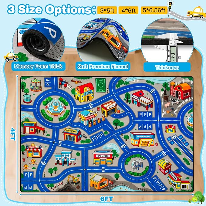 Road Car Rug, 4x6 Ft City Road Rug for Kids, Extra Thick (0.4in) Kids Floor Play Mat and Car Carpet with Realistic Colors - Perfect for Children, Soft and Non-Slip for Playroom and Bedroom