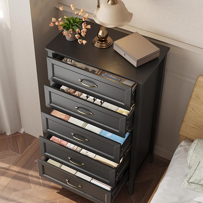 Gizoon 5 Drawer Dresser, 44.8" H Dresser for Bedroom, Wood Chest of Drawers, Storage Cabinet, Smooth Rail, Metal Handles, Anti-tip Device, for Living Room, Hallway, Black