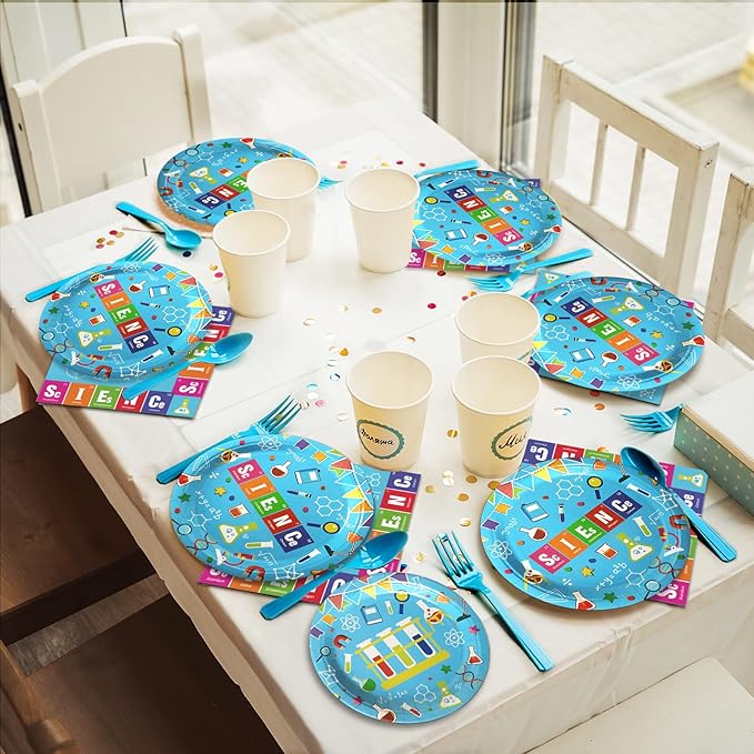 Wiooffen 96 Pcs Science Party Plates Napkins Tableware Set Mad scientist Supplies Disposable Dinnerware Little Scientist Decoration Favors for Kids, 24 Guests