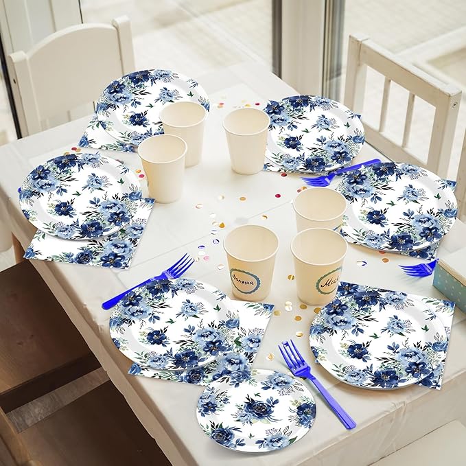 96 Pcs Peony Party Plates Napkins Tableware Set Blue Flower Supplies Disposable Dinnerware Navy Floral Party Decoration Favors for Summer Holiday Wedding Bridal Baby Shower Birthday, 24 Guests