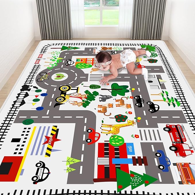 Kids Car Playmat, Kids Rug for Playroom Car Mat Town City Road Traffic Rugs, Play Mat for Floor, Extra Large Boys Kid Car Track Play Rug (Style Five, 78.7X 59 INCH)