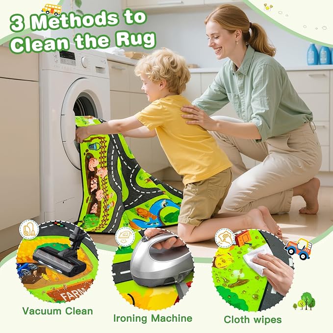 Kids Farm Play Rug, 4x6 Ft Happy Farm Activity Playmat, Extra Thick (0.4in) - Non-Slip Car Rugs for Kids' Toy Cars, Educational Play Mat Race Track Carpet for Kid's Room, Bedroom and Learning
