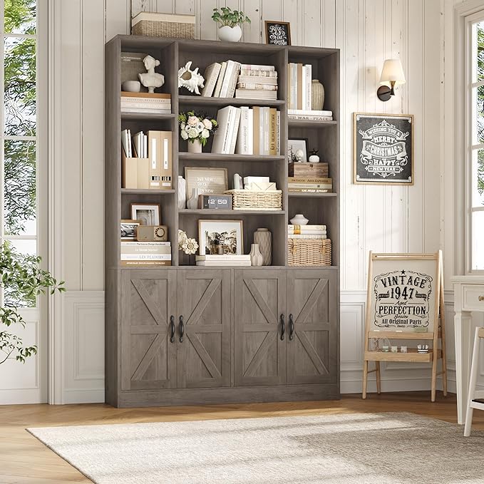 HOSTACK 75” Tall Book Shelf and Bookcase, Bookshelf with Storage Cabinet, 47” Wide Bookcase with 4 Doors, Standing Display Shelves, Modern Farmhouse Book Case for Living Room, Home Office, Ash Grey