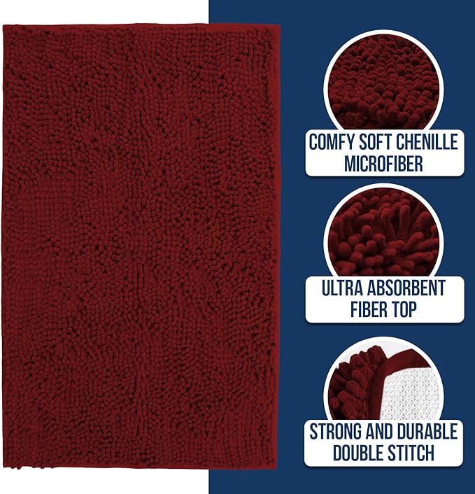 Muddy Mat Chenille Bathroom Rugs Quick Dry Microfiber Mats Non Slip Washable, Extra Thick, Soft and Highly Absorbent Bath Mats for Bathroom, Kitchen, and Shower Floor - Red Small 28"X18"