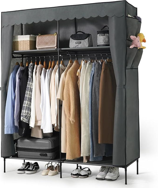 CAPHAUS 55-Inch Clothing Rack with Cover, Portable Closet Wardrobe, Covered Garment Rack for Hanging Clothes, 190LB Capacity Heavy-Duty Metal Frame Clothes Organizer Rack with Storage Shelves