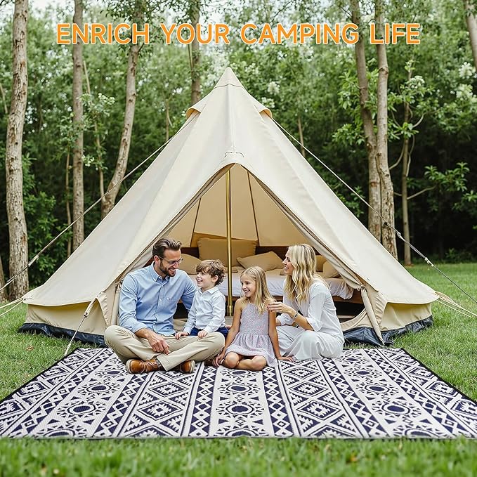 Outdoor Rug Waterproof 8x10 ft, Reversible Outdoor Plastic Straw Rug Patio Rug, RV Rugs for Outside, Outdoor Carpet for Patio Camping Deck Balcony Backyard, Blue & White