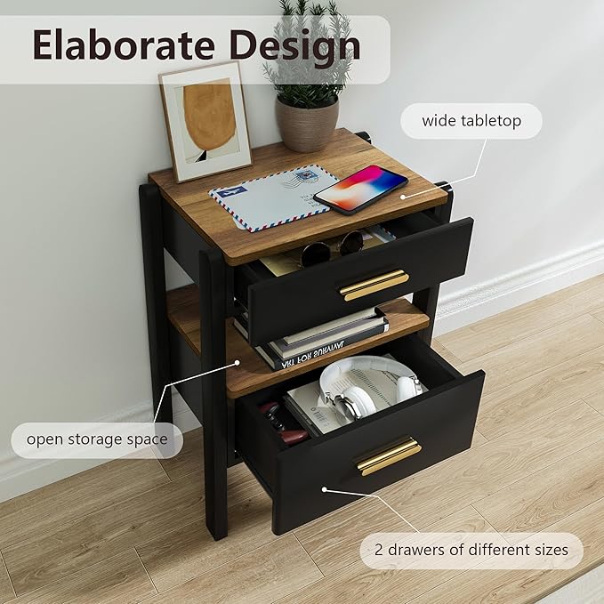 Nightstand with 2 Drawers and Open Shelf Wood Bedside Table Gold Handles Storage Night Stand with Light for Bedroom, Black and Brown