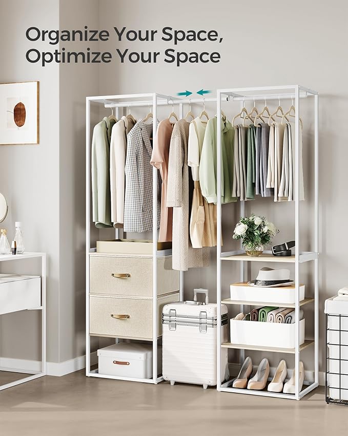 SONGMICS Clothes Rack, 70.9 Inch Wardrobe Freestanding Closet, Heavy Duty Garment Rack with 1 Extendable Hanging Rod, 2 Drawers and 4 Shelves, for Bedroom, Space-Saving, Natural Beige URGR003W67