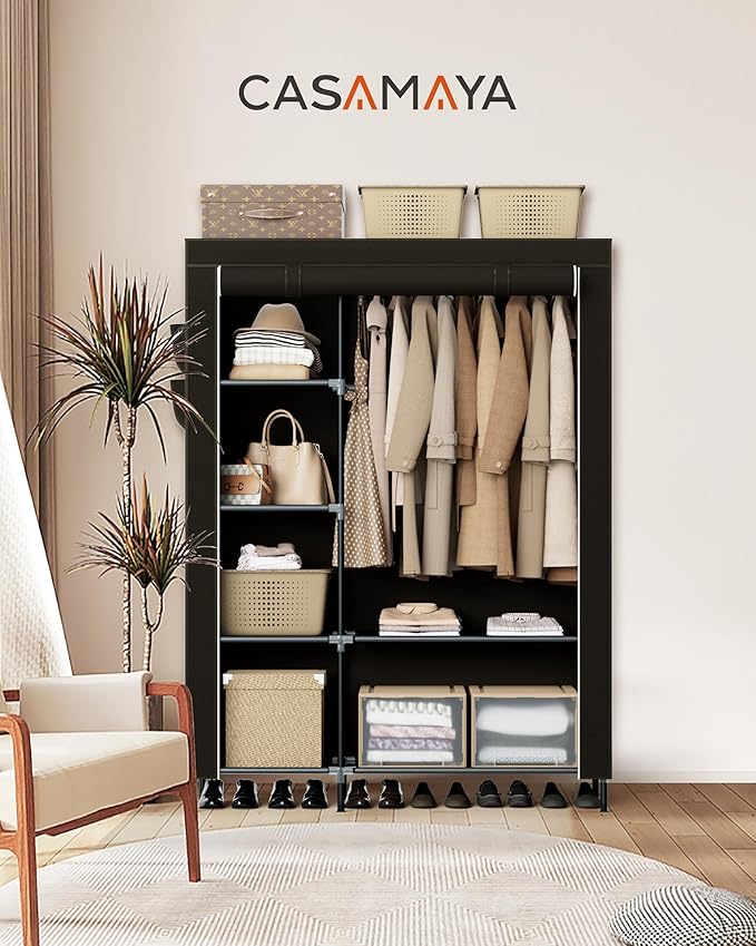 Portable Closet, 48 Inch Large Capacity Wardrobe Closet with Cover, Clothes Storage Organizer with Shelves and 1 Hanging Rod, Easy to Assembly, Black PCT221B01