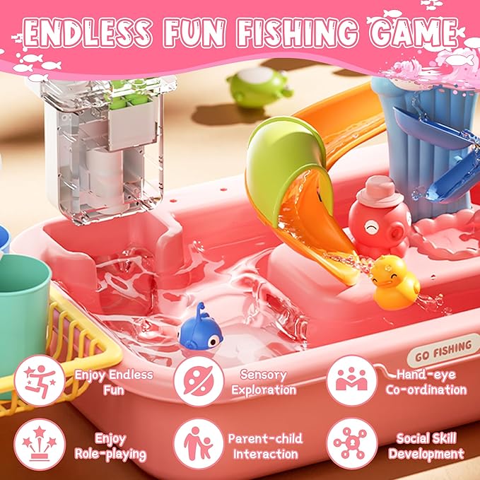Water Table for Toddlers 1-3, Water Table for Kids Ages 4-8 with Pump, Play Sink with Running Water, Kitchen Sink for Toddlers, Fishing Game and Outside Sensory Toys (Pink)