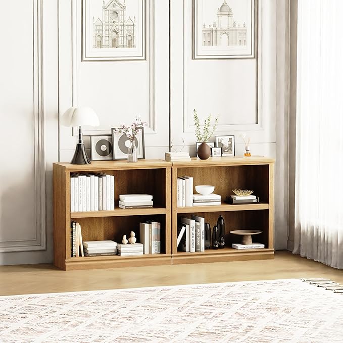 blini 2-Shelf Bookcase Wooden Bookshelves 33in Wide Floor Standing Display Storage Shelves Oak Bookcase for Home Office, Living Room, Bed Room