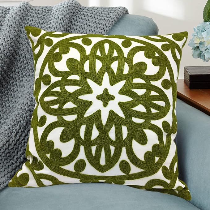 Alysheer Embroidered Decorative Throw Pillow Cover 18x18 inch, Cozy Boho Mandala Chic Knit Pattern, Soft 100% Cotton Canvas Cushion for Sofa Couch Living Room Bedroom(Olive Green)
