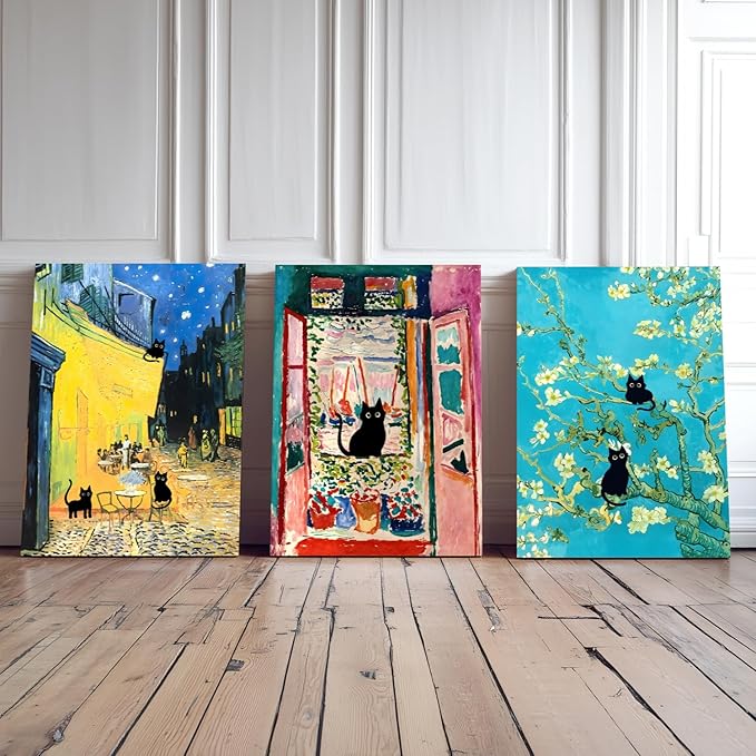 FASWQ Whimsical Black Cat Wall Art, Van Gogh Matisse Picasso Wall Decor, Funny Bathroom Canvas Paintings, Cute Animal Aesthetic Pictures for Living Room Kids' Room Framed Ready to Hang 12"x16"x3