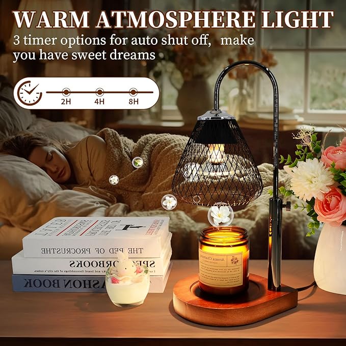 Candle Warmer Lamp with Timer Dimmable, New Adjustable Height Black Metal Wrought Iron Wax Melt Warmer Lamps for Scented Jar Candles, Gifts for Women Mom, Home Decor Table Lights