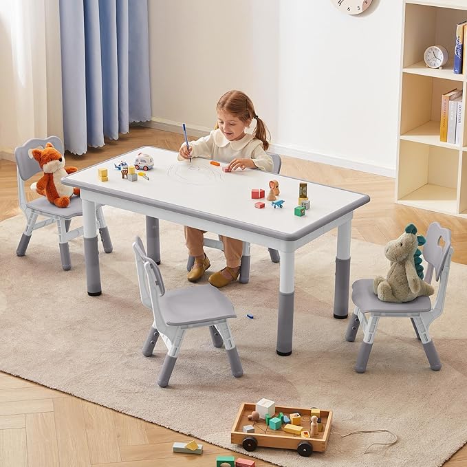 Toddler Table and Chairs Set for 4, 47.2''L x 23.6''W Kids Study Table and Chair Set, Height-Adjustable, Graffiti Desktop, Children Activity Table for Daycare, Classroom, Home