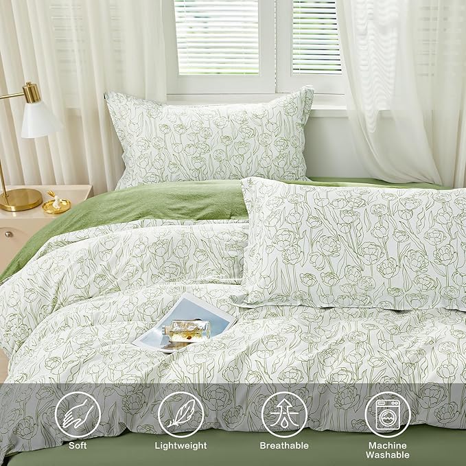 SAPHREAS Green Drawing Floral Duvet Cover Set Full Size 3pcs Botanical Blossom Bedding Comforter Cover Set 100% Cotton 1 Duvet Cover 90"x80" 2 Pillow Shams, Comforter Not Included