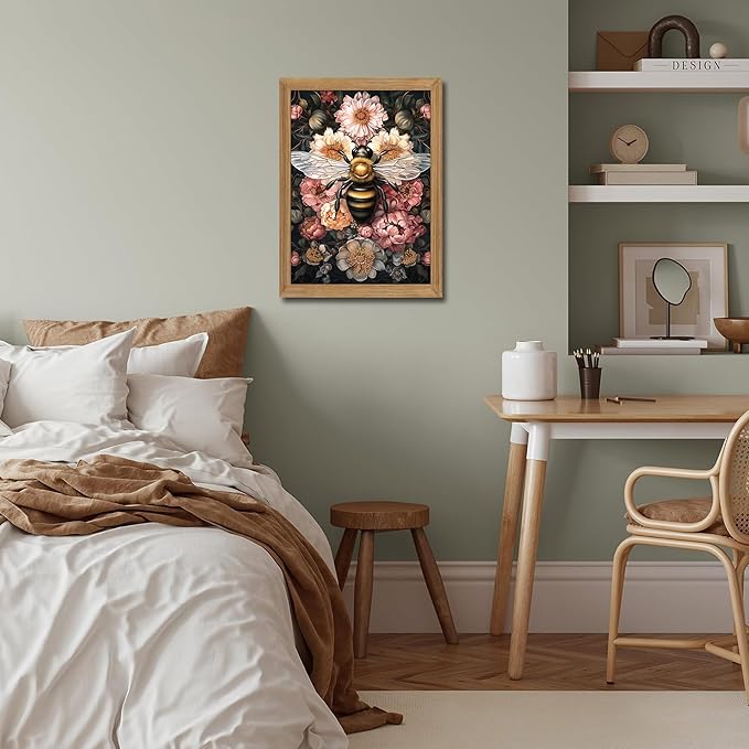 Framed Vintage 3D Textured Wall Art - Dark College Bee Flowers Wall Decor - Hand Drawn Sandstone Nature Botanical Pictures for Living Room Bedroom Home Decor 16x24 inches