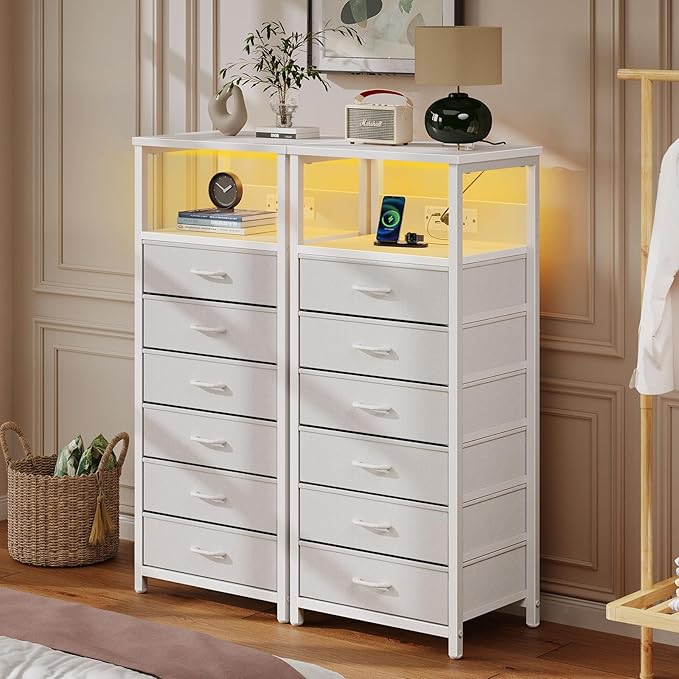 Seventable Night Stand with Charging Station, Tall Nightstand with 6 Fabric Storage Drawers, Side Table with LED Light for Bedroom, Entryway, White, Set of 2
