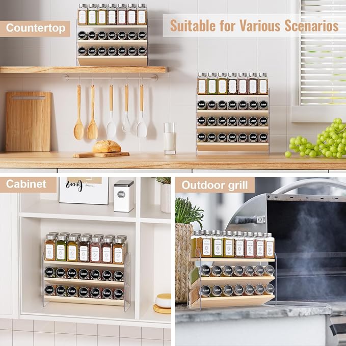 MUDEELA Clear Spice Rack Organizer for Cabinet, 3 Tiered Vertical Spice Shelf, Wooden Material, Seasoning Organizer for Countertop, Kitchen, Pantry, Freestanding, 13.3" W × 11.2" H (No Jars Included)