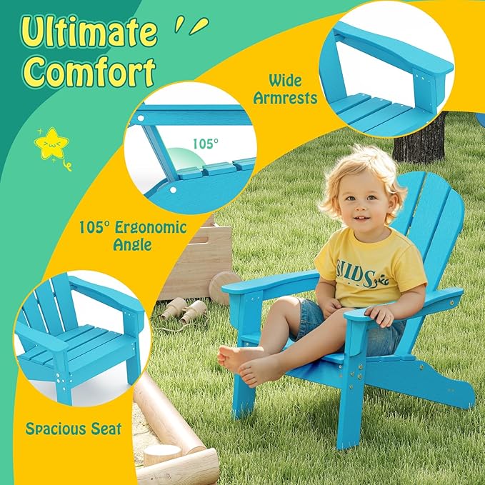 Giantex HDPE Kids Adirondack Chair - All-Weather Lawn Toddler Chair with Ergonomic Design, Children’s Outdoor Chair for Toddlers Ages 3-8, Kid’s Patio Furniture for Deck, Garden (1, Turquoise)