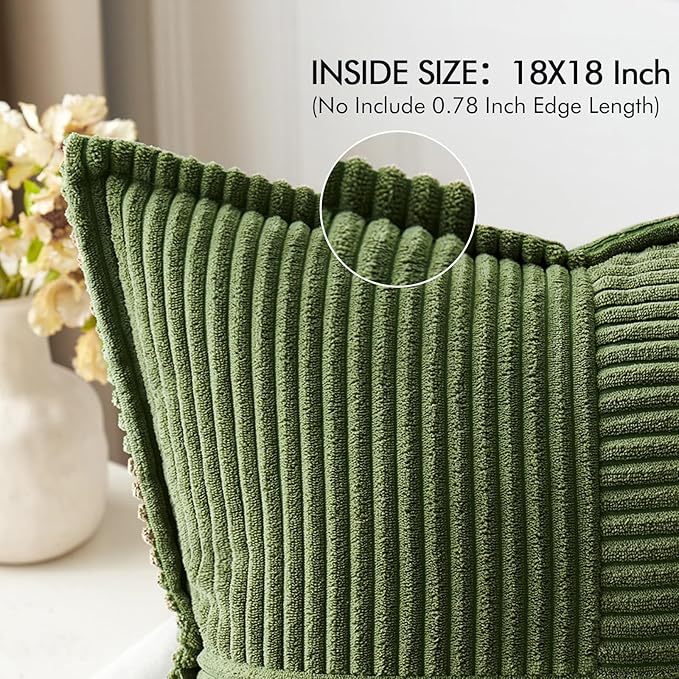 MIULEE Decorative Throw Pillow Covers for Couch Bed Livingroom 18x18 Inch Set of 2 Moss Green Boho Accent Throw Pllows Broadside Striped Patchwork Soft Corduroy Summer Pillowcases