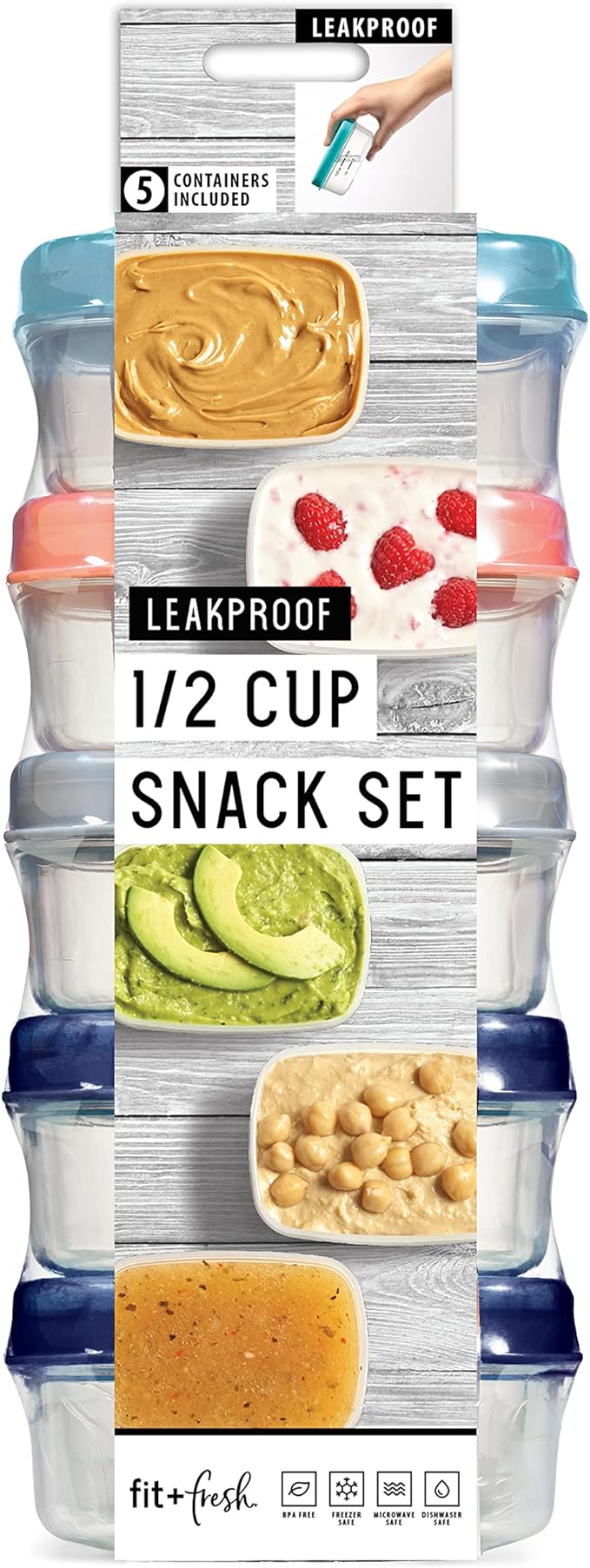 Fit & Fresh Small Plastic Containers With Lids 4 oz, Snack Containers for Adults and Kids, Reusable Leakproof Dressing and Condiment Containers, Multicolor, 5PK, Light