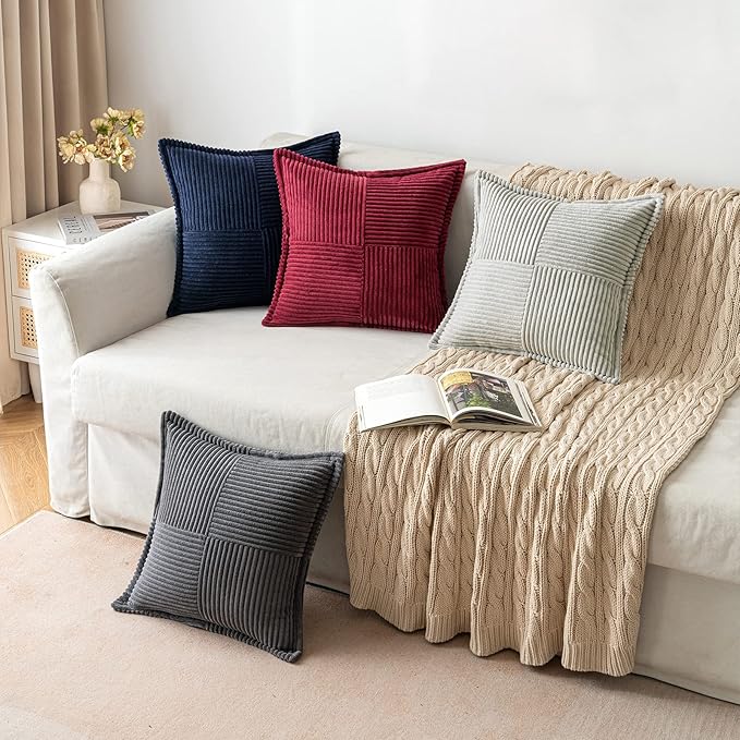 MIULEE Navy Blue Corduroy Decorative Euro Sham Pillow Covers 24x24 Inch with Splicing Set of 2 Soft Boho Pillow Covers Broadside Textured Summer Coastal Pillowcases for Couch Bed Livingroom