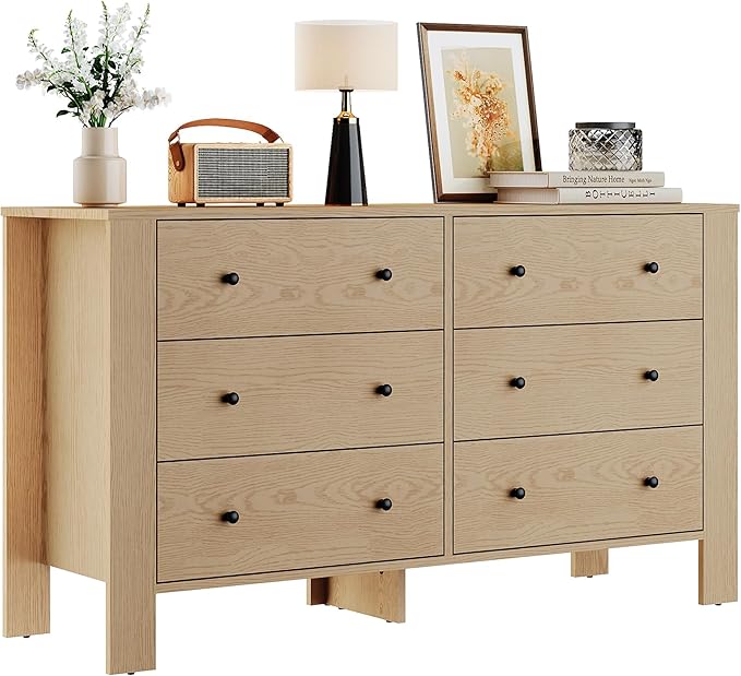 GarveeHome Natural Oak 6 Drawer Dresser for Bedroom, Modern Wide Dresser Organizer with Storage Drawers, Wooden Chests of Drawers for Bedroom, Entryway, Hallway, Home Office