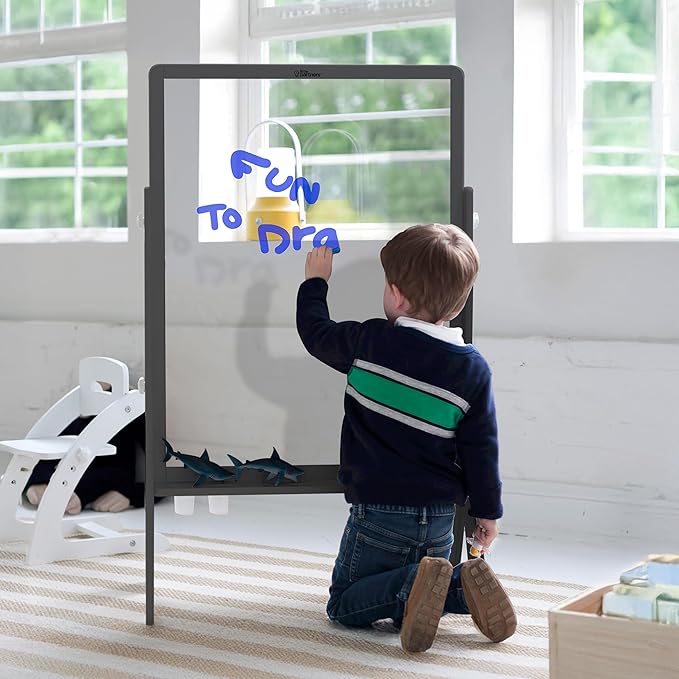 Little Partners Peek-A-Boo Art Toddler Easel, Children's Two-Sided Adjustable Height Clear Acrylic Paint Station for Kids with Built-in Storage, Eraser, Paint Containers (Earl Grey)