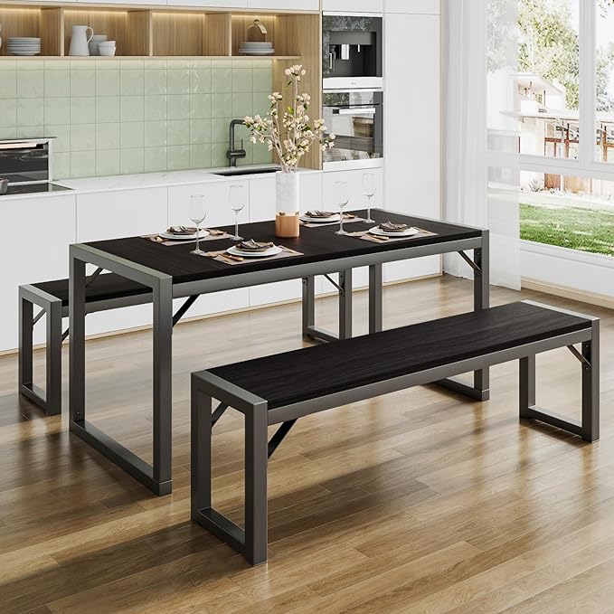 SHA CERLIN Kitchen Dining Table Set for 4 with Benches, Rustic Small Space Saving Dinette, Heavy Duty Metal Frame