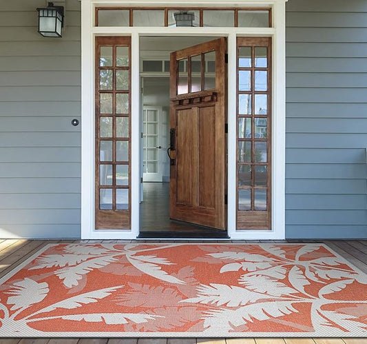 Couristan Monaco Indoor Outdoor Area Rug – Coastal Flora 5'3" x 7'6" in Ivory Orange – Flatwoven, Hose Washable, Pet Friendly Rug for Patio, Porch and Home Decor