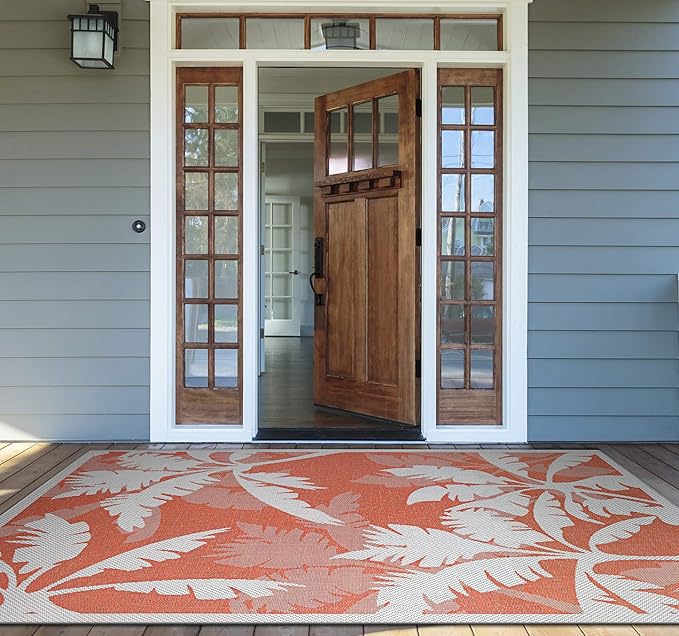 Couristan Monaco Indoor Outdoor Area Rug – Coastal Flora 5'10" x 9'2" in Ivory Orange – Flatwoven, Hose Washable, Pet Friendly Rug for Patio, Porch and Home Decor