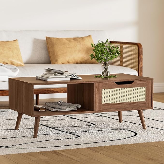 Brown Rattan Coffee Table, Mid Century Modern with Drawer & Shelf, 39'' Wooden Boho Coffee Table for Living Room