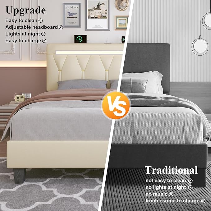 Queen Size Bed Frame with LED Lights and Charging Station, Faux Leather Linen Fabric Adjustable Headboard,Modern Upholstered Bed, Sturdy Wood Slat Support, Easy Assemble, Beige
