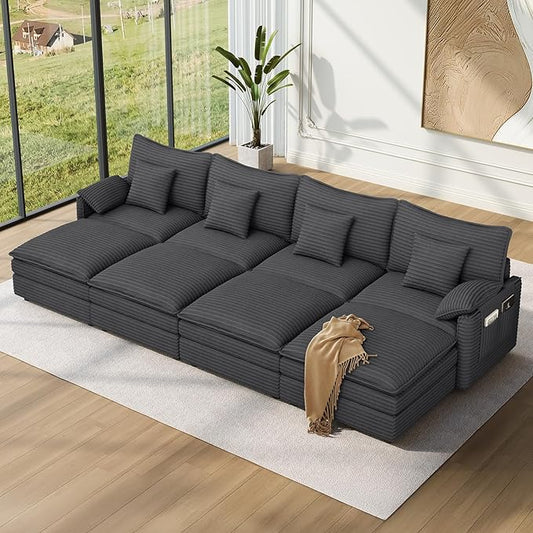 Vesgantti 142" Oversized Sectional Sofa Bed, 8-Seater Modular Sleeper Cloud Couch with Movable Ottoman, Corduroy Convertible Sofa Set Deep Seat Couches for Living Room, Bedroom and Apartment, Gray