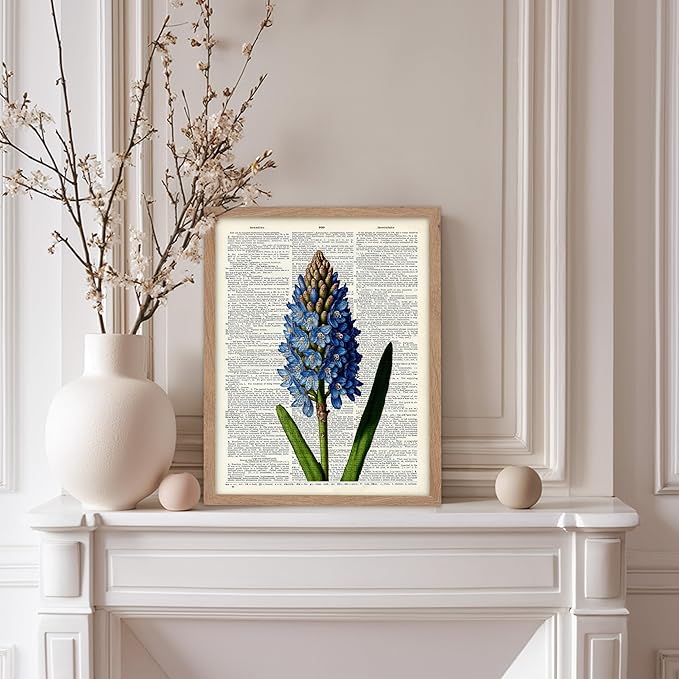 Poster Master Dictionary Art Poster - Blue Hyacinth Print - Flower Art - Floral Art - Gift for Men, Women & Florist - Minimal Decor for Bedroom, Office, Dorm or Flower Shop, 8x10 Beige Framed