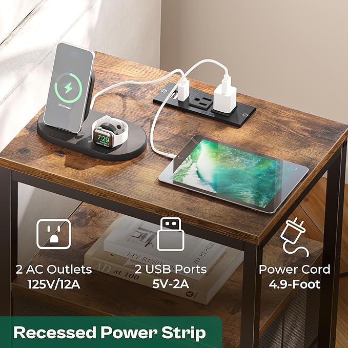 Huuger Nightstand with Charging Station, Side Table with Fabric Drawers, End Table with Open Shelf, Bedside Table with USB Ports and Outlets, Night Stand for Bedroom, Rustic Brown and Black