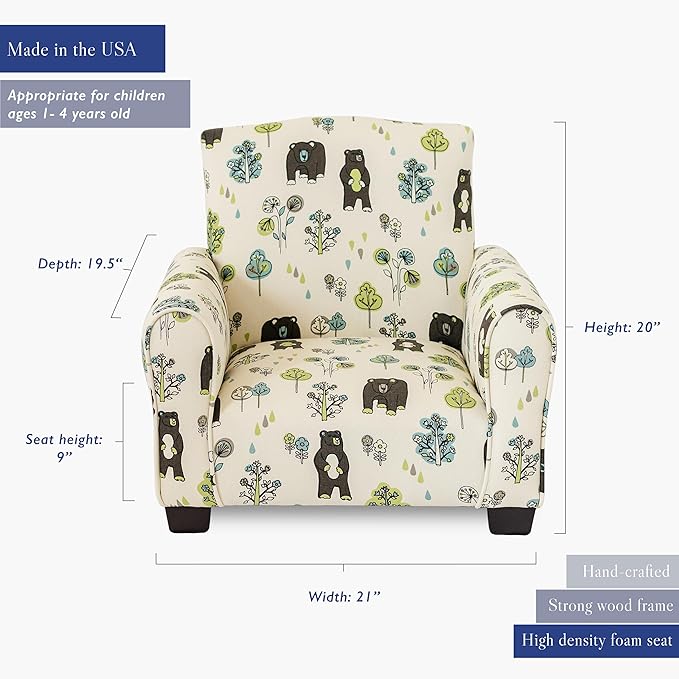 Toddler Personalized Armchair, Kids Upholstered Rocking Chair with Personalization, Toddler Chair with Personalized Name, Comfy Child Armchair, (Bears & Trees Print, Legs)
