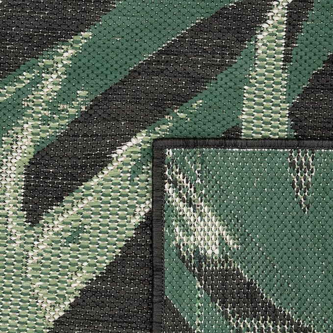 Tropical Outdoor Rug Palm Tree & Jungle Design Flatweave in Black Green, Size: 2'8" x 4'11"