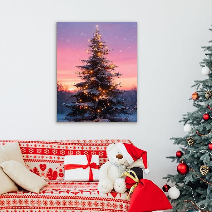 Framed Christmas Pictures Wall Decor,Vintage Pine Tree Prints,Winter Christmas Canvas Wall Art Decoration for Bedroom Bathroom Living Room Rustic Xmas Holiday Gifts (Christmas Tree 10, 20'' X 32'')