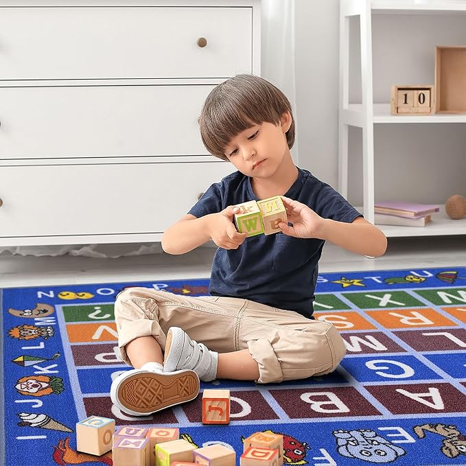 Ottomanson 3'3" x 5' Alphabet Kids Rug - Educational ABC Play Mat for Playroom, Bedroom, Daycare & Classroom - Fun & Interactive Learning Carpet - Durable & Non-Slip for High-Traffic Areas, Blue