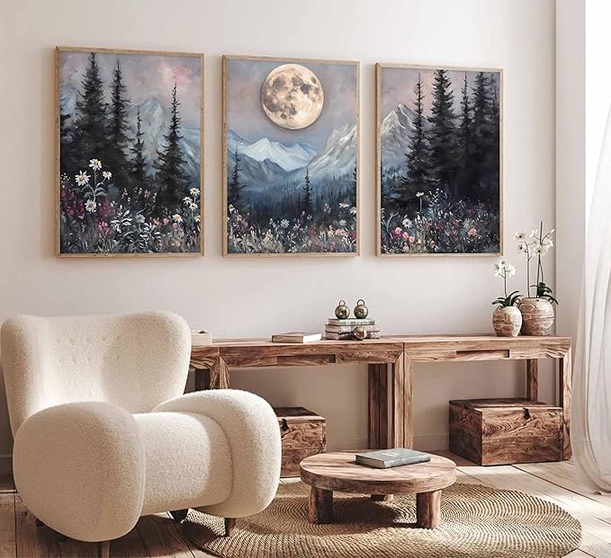 3Pcs Full Moon Forest Canvas Wall Art Moody Dark Forest Moonlit Pine Tree Mountains Wildflowers Wall Decor Wildflower Moon Poster Print Artwork for Bedroom Living Room Decoration Unframed
