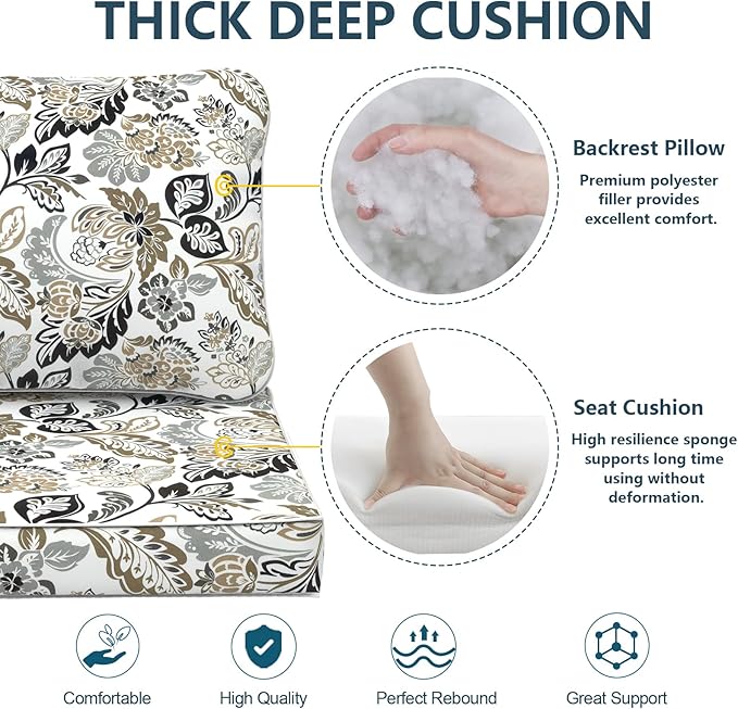 Outdoor Deep Seat Cushions Set 24 x 24 Inch for Patio Furniture,Water Resistant Chair Cushions Replacement Includes Seat Cushion & Back Pillow for Couch Sofa, Wicker Chair - Dailey Tan