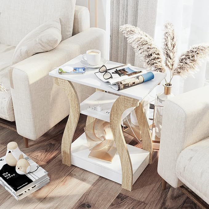 End Table with Charging Station, Side Table with USB Ports and Outlets, 3 Tier Nightstand Sofa Table for Small Spaces, Beside Table with Storage Shelf for Living Room, Bedroom