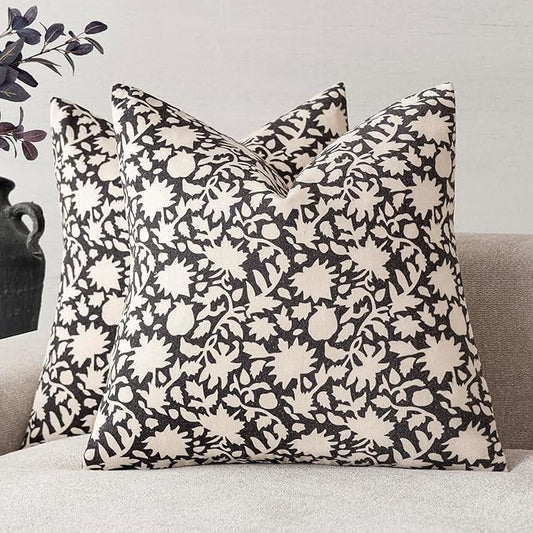 Foindtower Set of 2 Decorative Neutral Floral Throw Pillow Covers Accent Farmhouse Cushion Covers Boho Vintage Pillowcase for Couch Sofa Bedroom Living Room Home Decor Outdoor24×24 Inch,Black