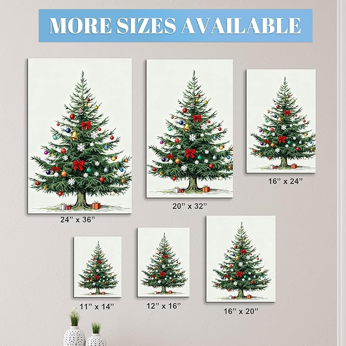 Framed Christmas Pictures Wall Decor,Vintage Pine Tree Prints,Winter Christmas Canvas Wall Art Decoration for Bedroom Bathroom Living Room Rustic Xmas Holiday Gifts (Christmas Tree 8, 20'' X 32'')