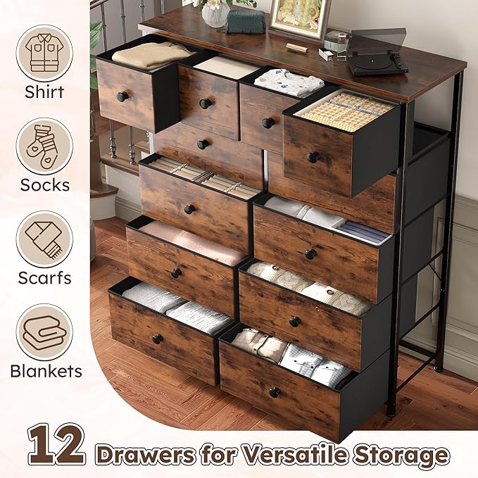 Dresser for Bedroom with 12 Drawers Tall Dressers for Bedroom Fabric Dressers & Chest of Drawers with Sturdy Metal Frame, Wood Top, for Woman, Closet, 40.6" W x 11.8" D x 44.5" H (Rustic Brown)